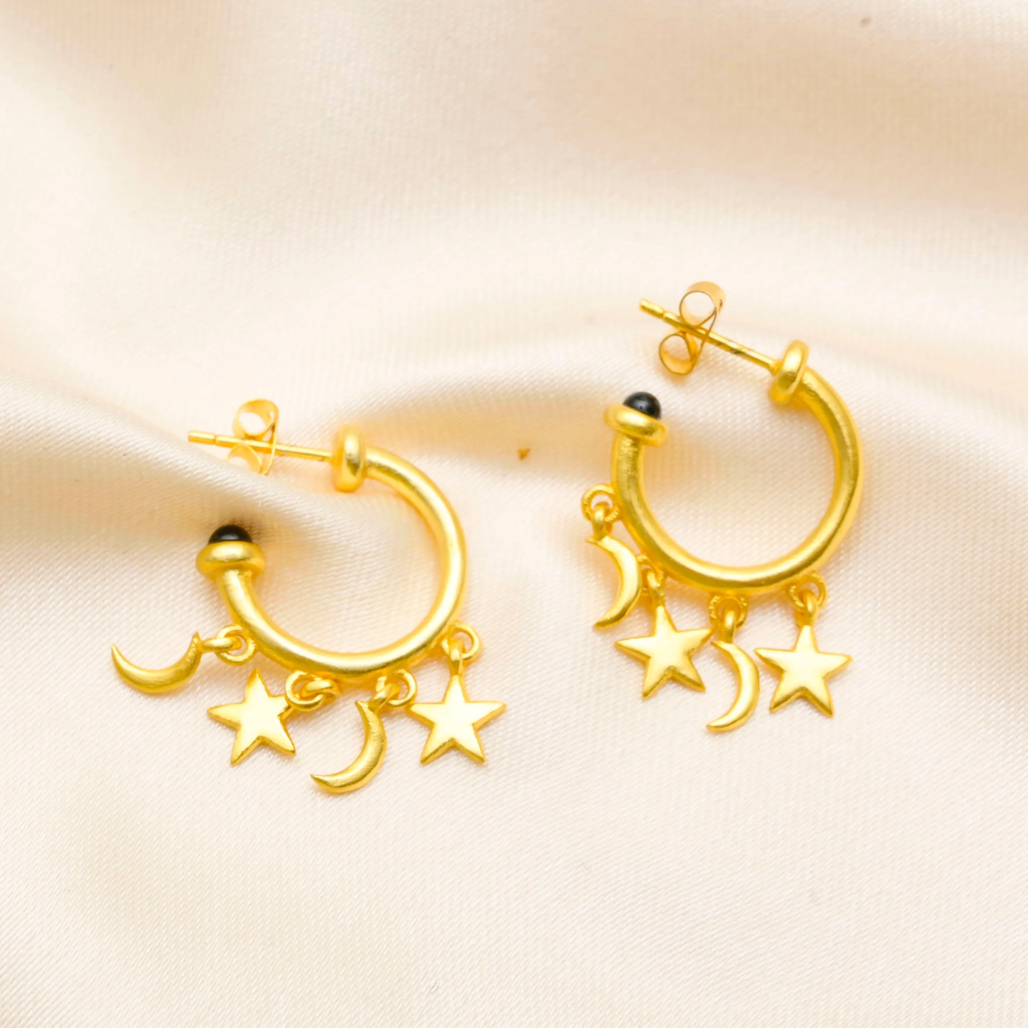 Moon Star Semi Hoop Black Onyx Drop Earrings