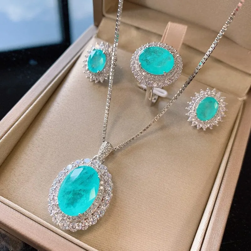 Oval Paraiba Tourmaline Jewelry Set - 925 Sterling Silver