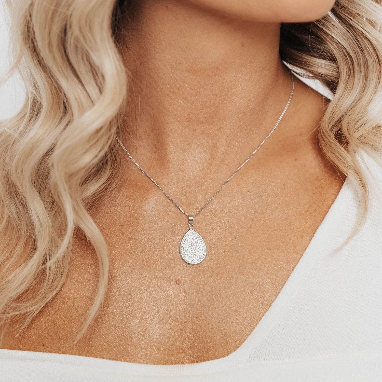 Pave Swarovski Crystal Teardrop Pendant (Silver)