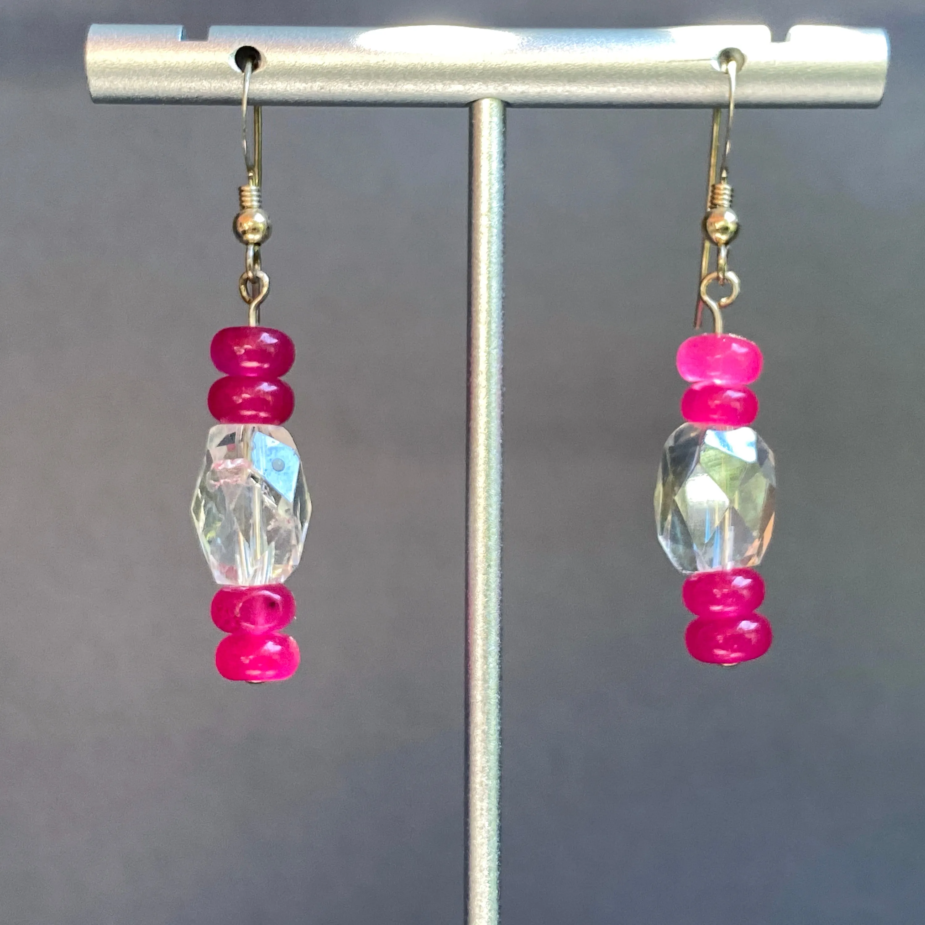 Pink chalcedony gemstone & quartz sterling silver drop earrings