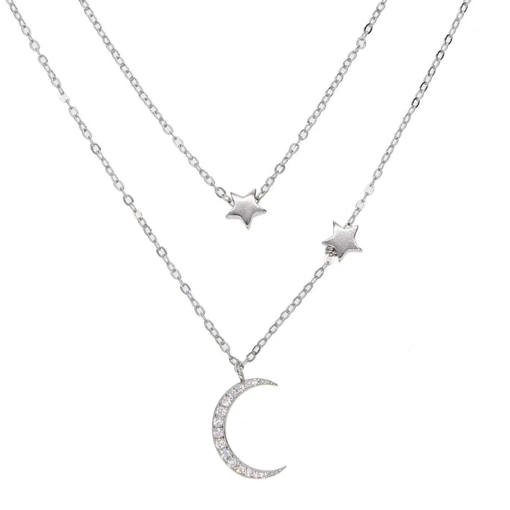 Platinum Silver Multi-layer Crescent Moon and Star Chain Necklace