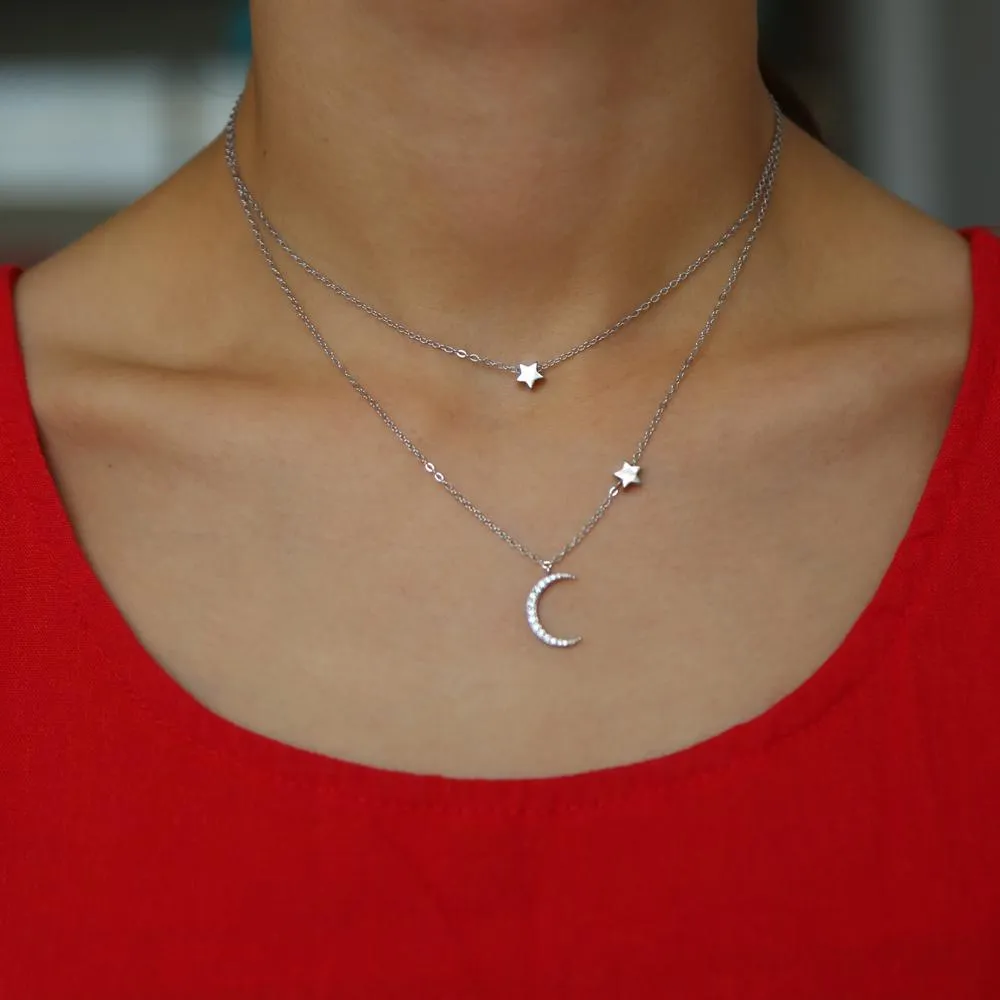 Platinum Silver Multi-layer Crescent Moon and Star Chain Necklace