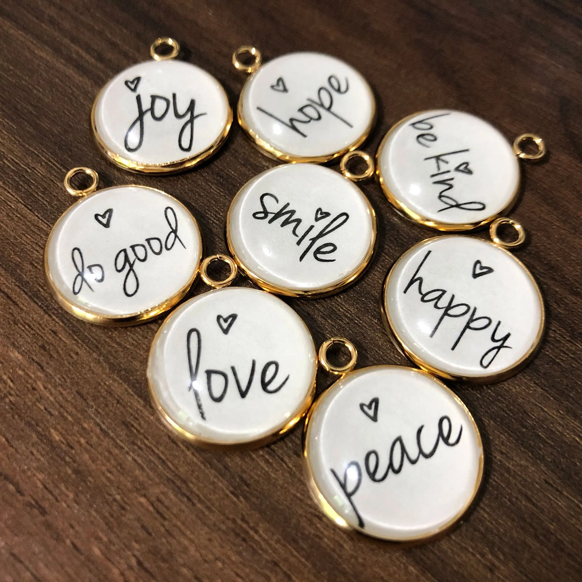 Positivity   Heart Set of 10 Encouraging Charms for Jewelry Making, 20mm, Gold or Silver