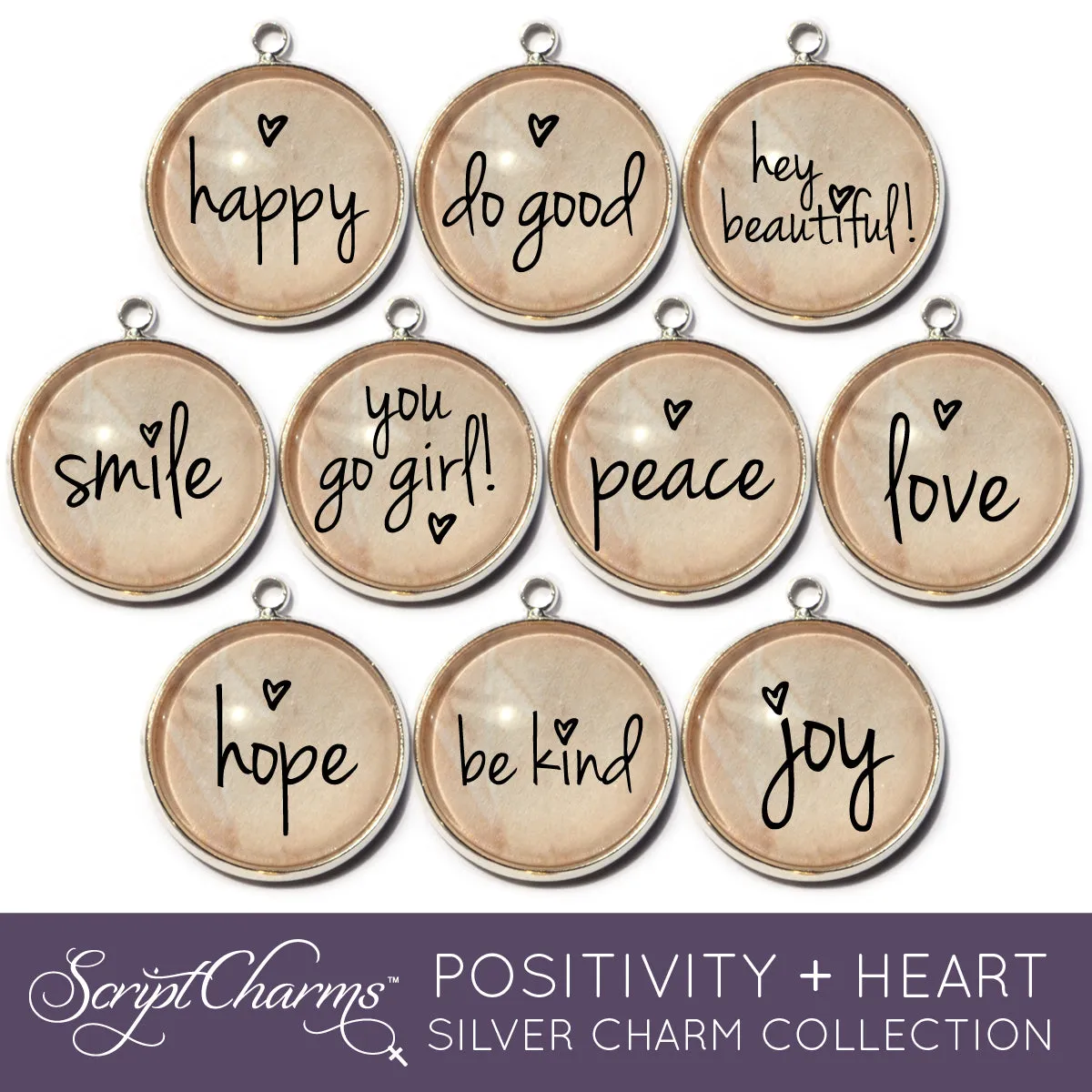 Positivity   Heart Set of 10 Encouraging Charms for Jewelry Making, 20mm, Gold or Silver