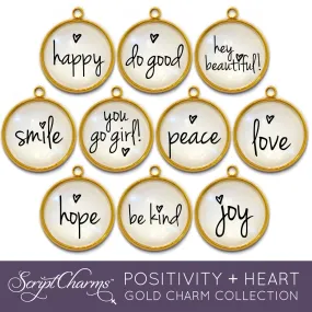 Positivity   Heart Set of 10 Encouraging Charms for Jewelry Making, 20mm, Gold or Silver