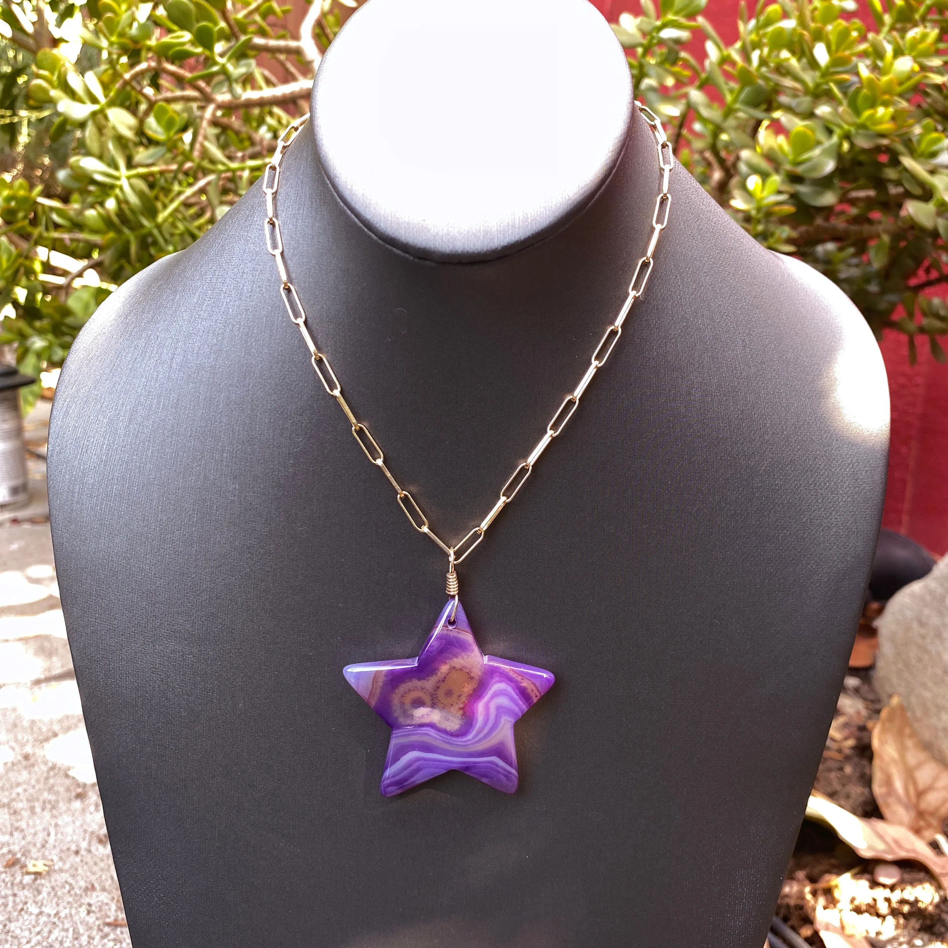 Purple Agate Star Pendant on 14 Kt gf Chain w/ Amethyst Gemstones