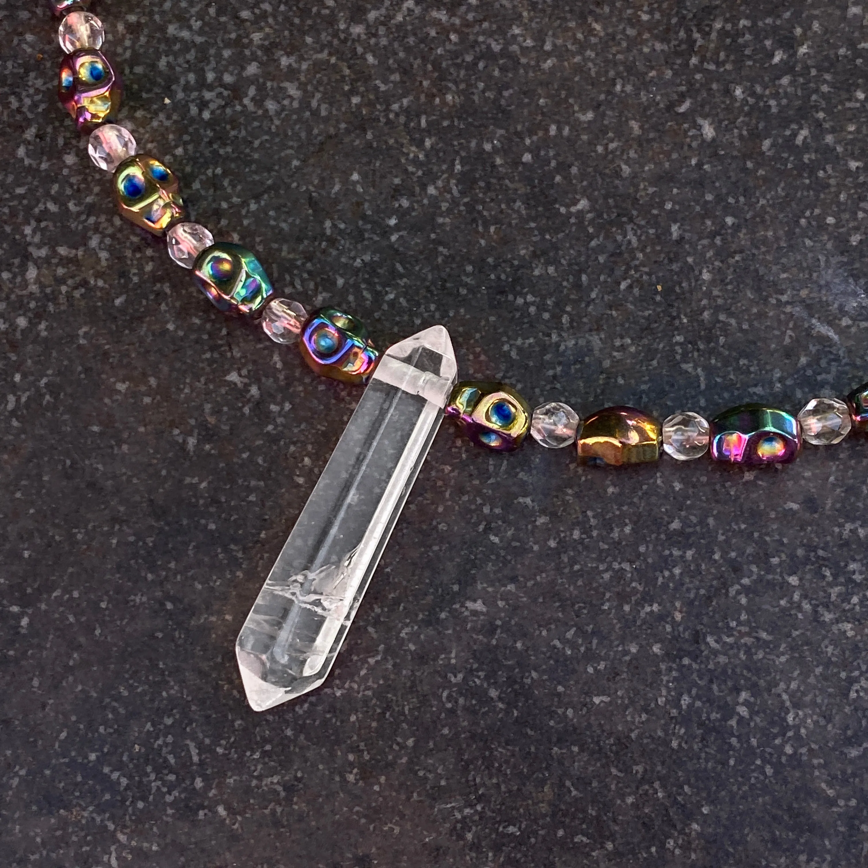 Quartz and Hematite Skull Necklace