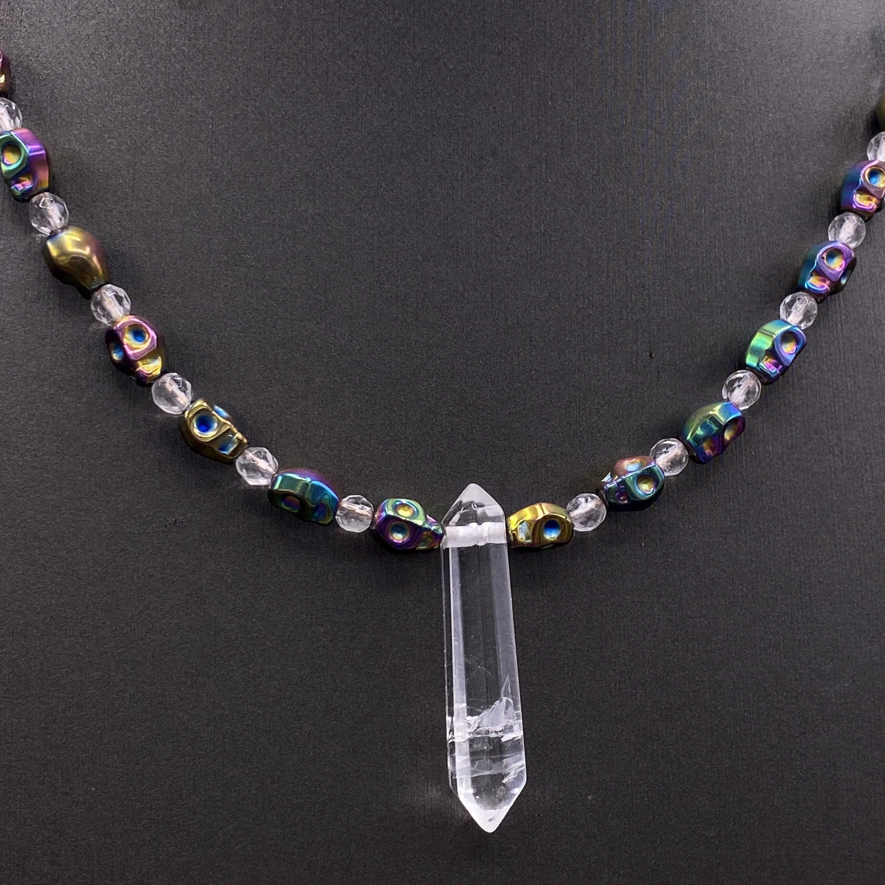 Quartz and Hematite Skull Necklace