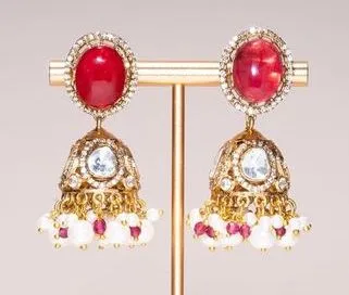 Rani Red Yellow Gold Statement Jhumkas Moissanite Indian Jewelry Earrings - Jaipur Rose Modern Luxury Designer Indian Jewelry