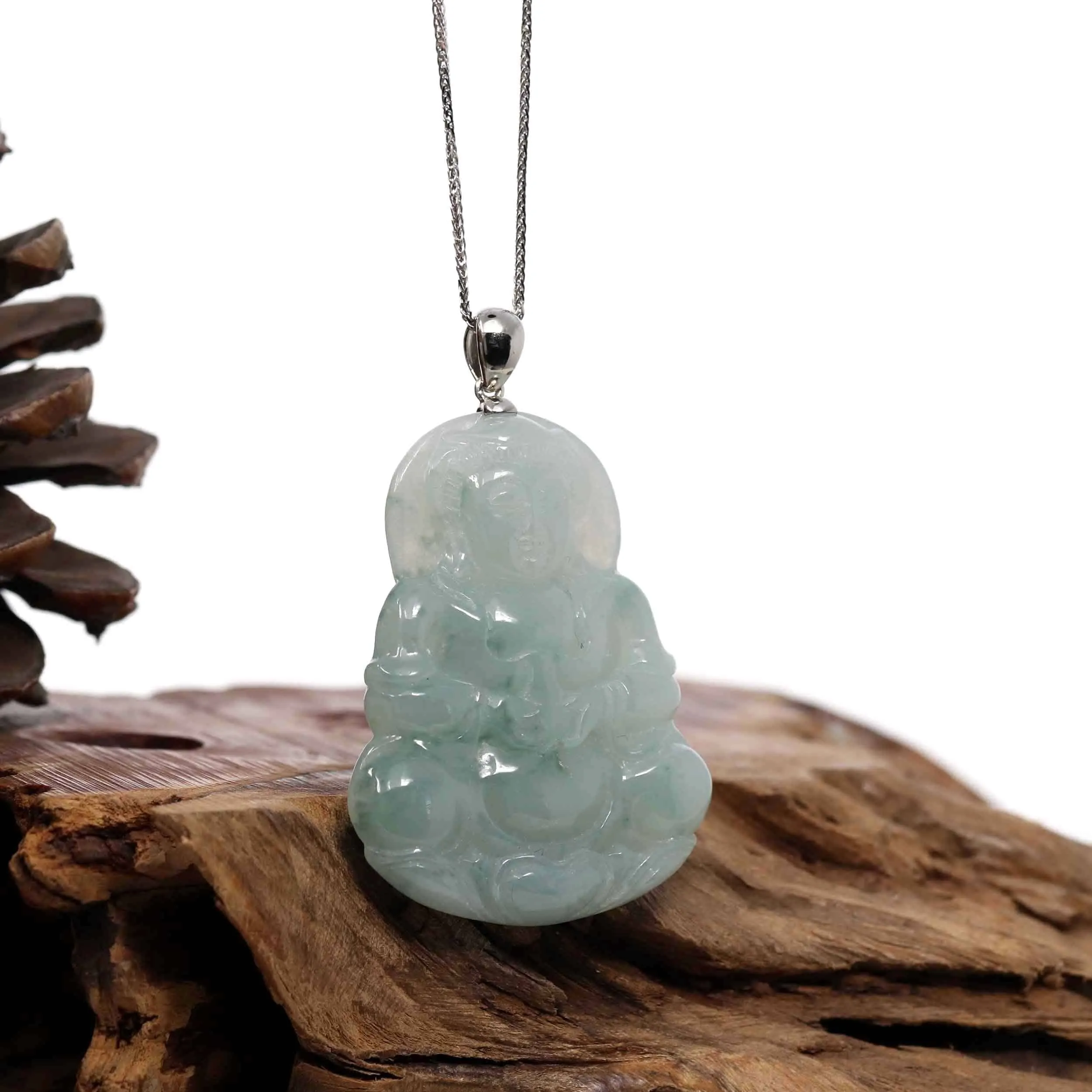 RealJade® "Goddess of Compassion" Genuine Burmese Ice Blue Jadeite Jade Guanyin Necklace With Good Luck Design Silver  Bail