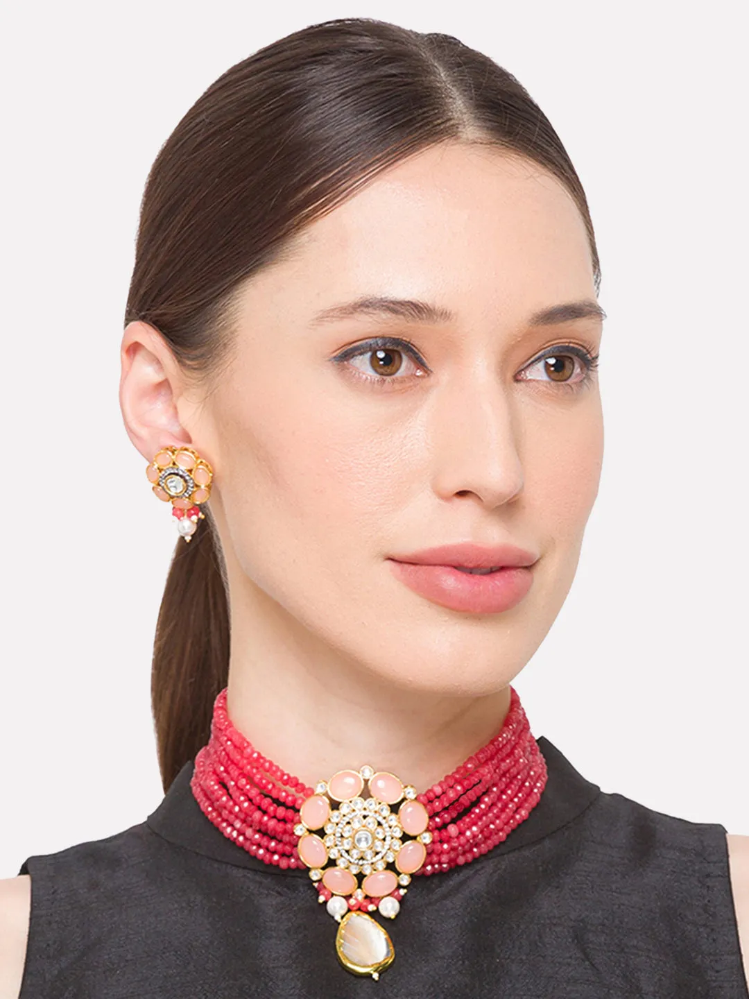 Red Gold Tone Kundan Choker Necklace Set with Pearls