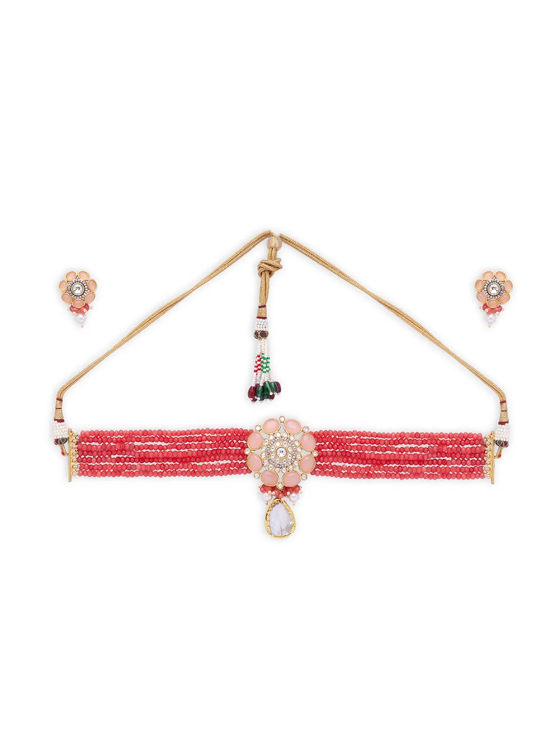 Red Gold Tone Kundan Choker Necklace Set with Pearls