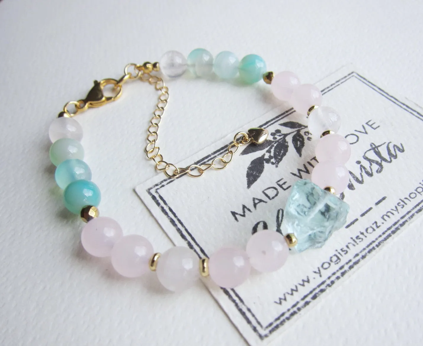 Rose Quartz, Blue Quartz Beaded Bracelet