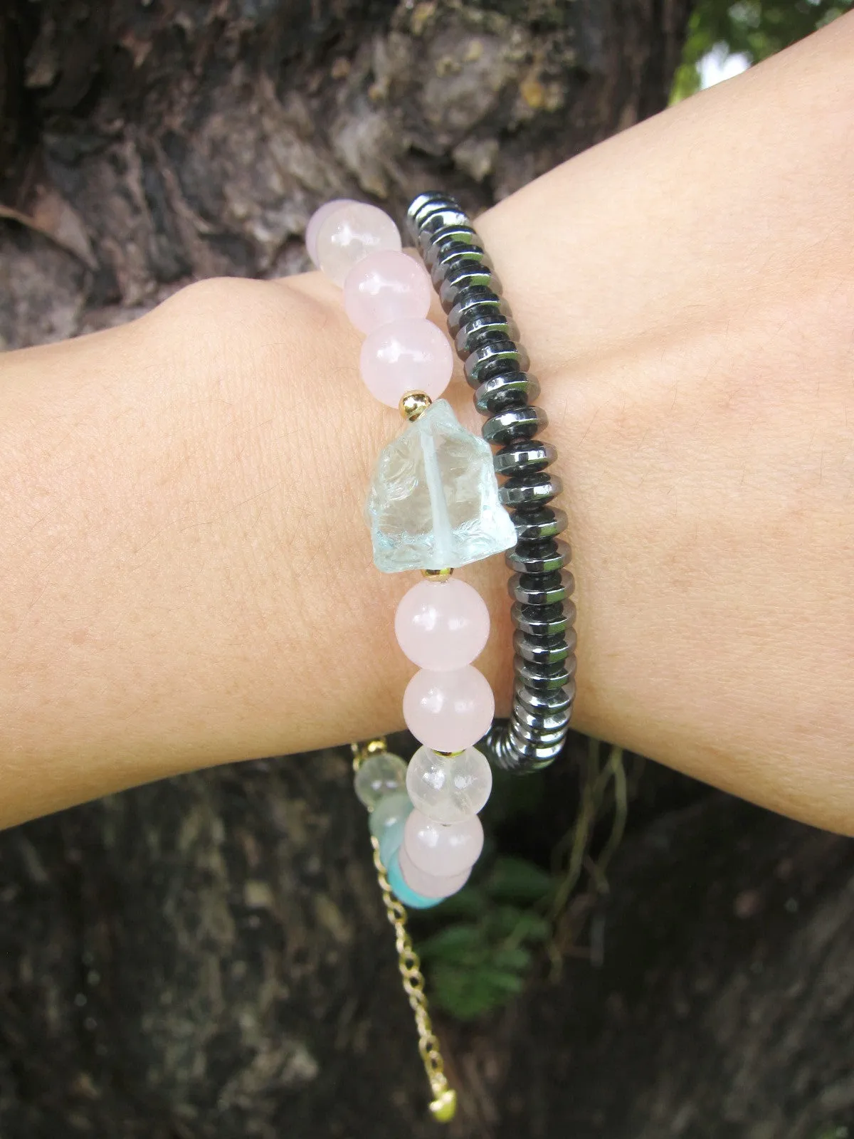 Rose Quartz, Blue Quartz Beaded Bracelet