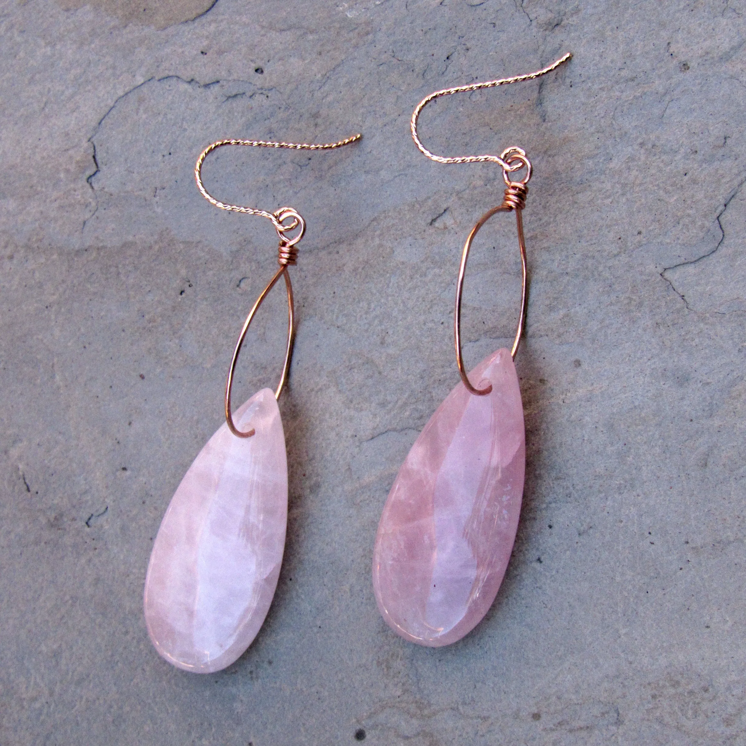 Rose Quartz Gemstone and Hand wrapped 14 kt Rose Gold Fill Drop Earrings