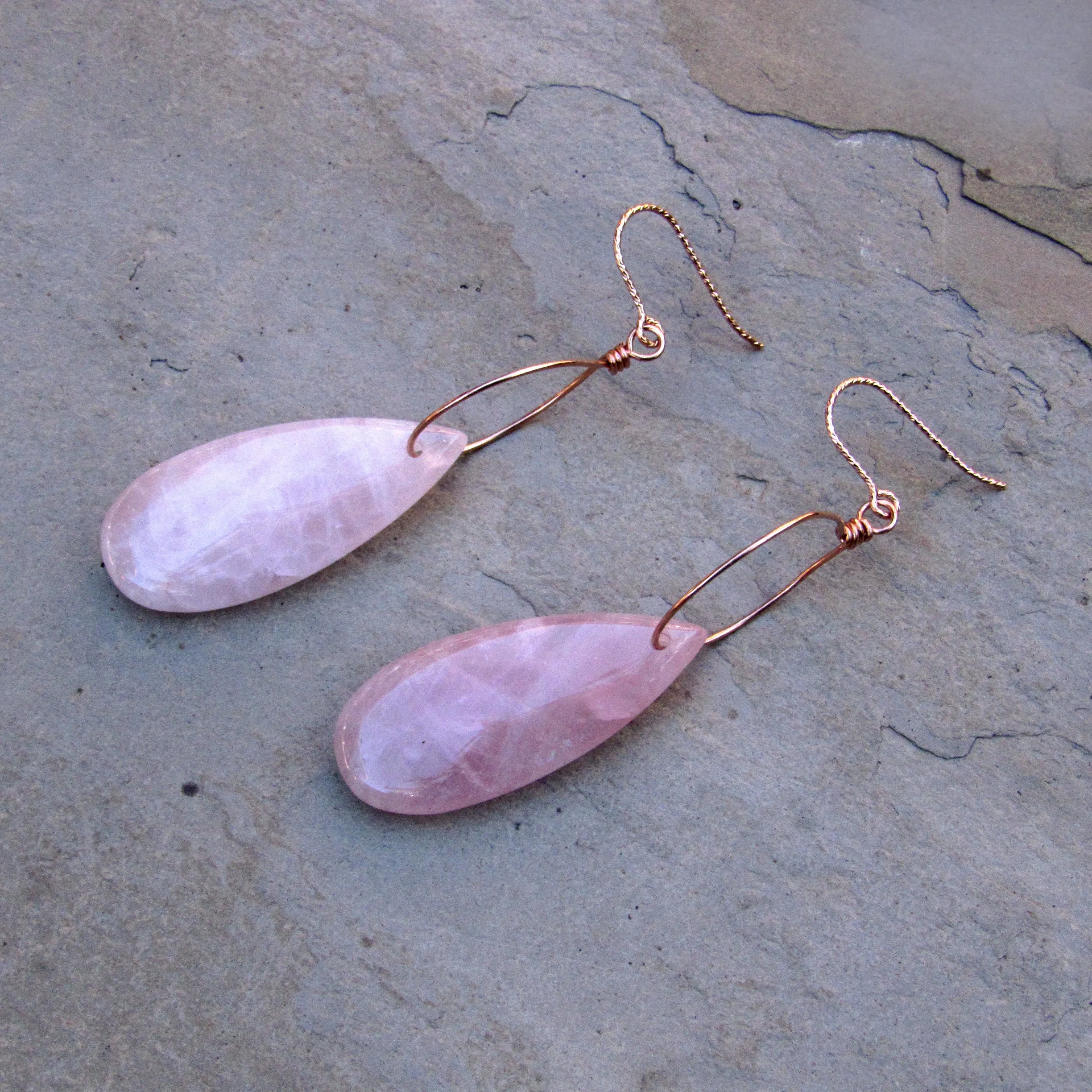 Rose Quartz Gemstone and Hand wrapped 14 kt Rose Gold Fill Drop Earrings