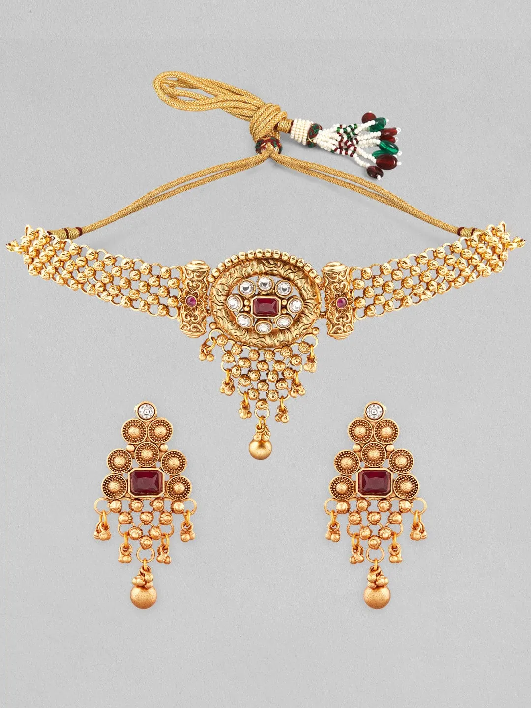 Rubans 24k gold plated choker set studded with red and white stones.