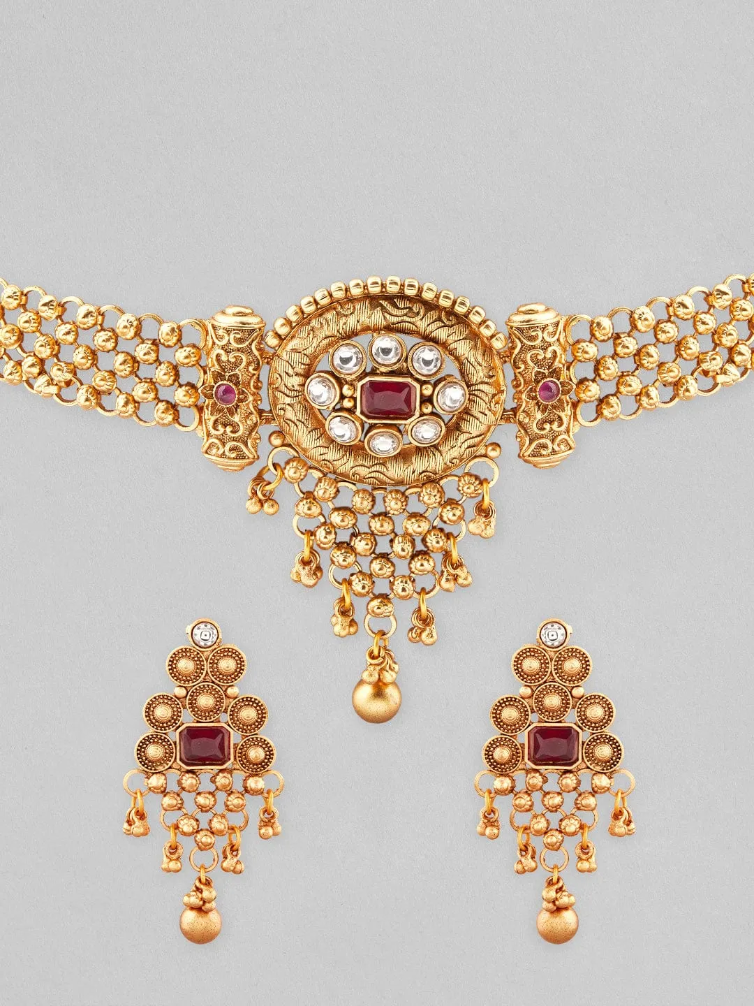 Rubans 24k gold plated choker set studded with red and white stones.