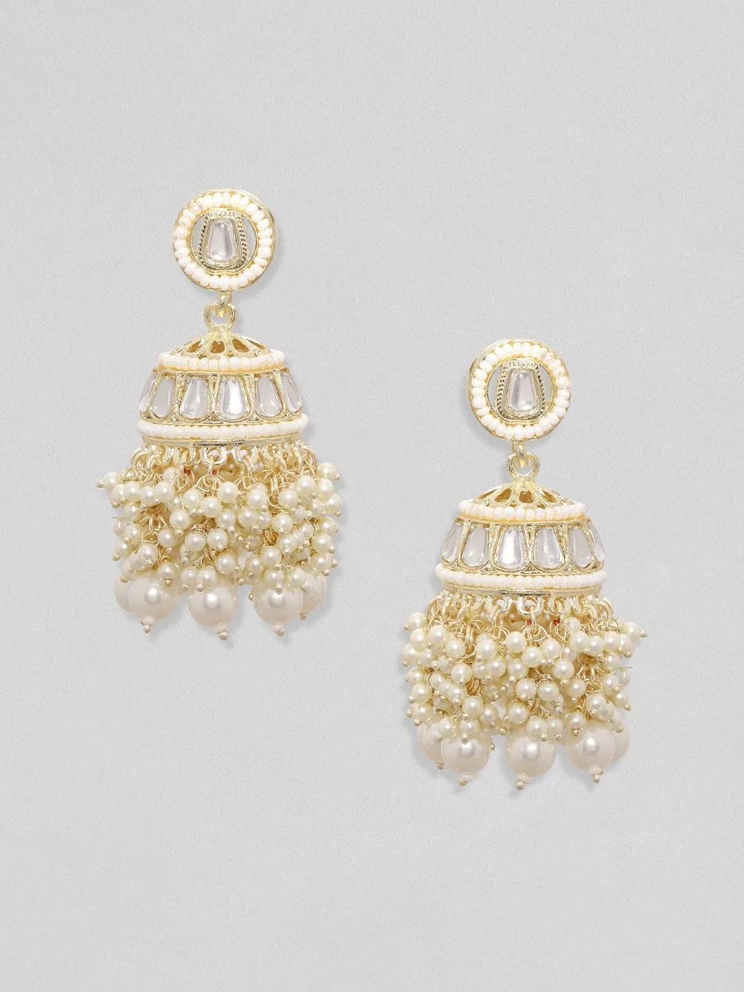 Rubans 24K Gold Toned Pearl Beaded Kundan Studded Jhumka Earrings