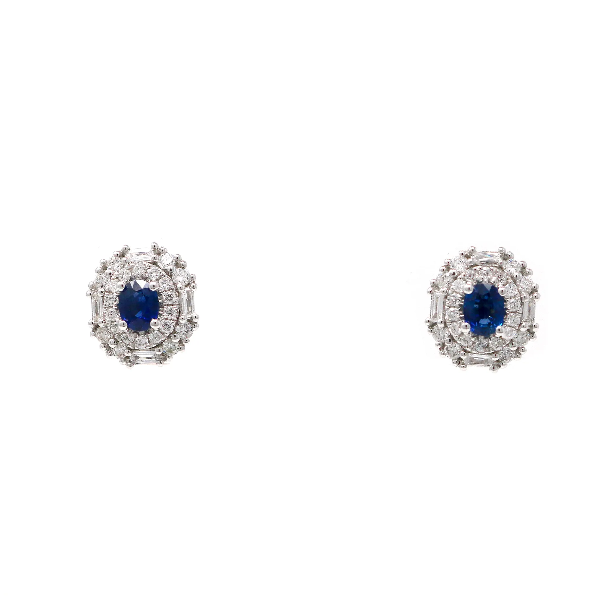 Sapphire Double Halo Diamond Earrings in 18K White Gold