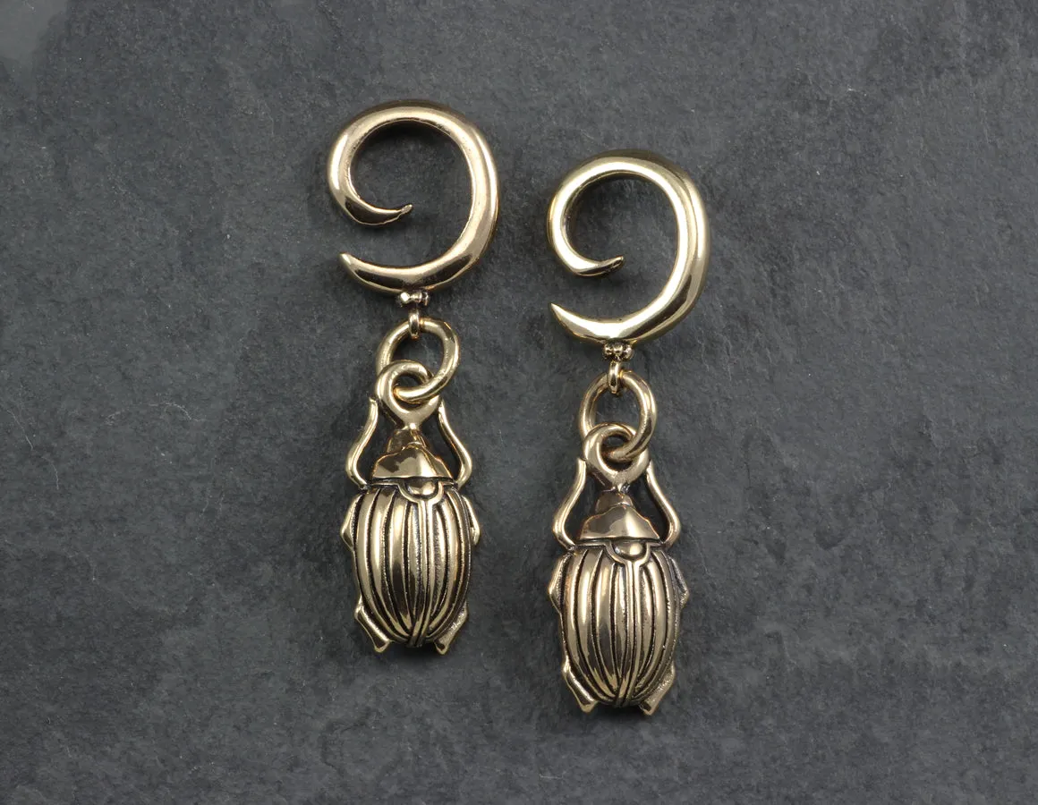 Scarab Beetle Gauged Spiral Earrings - Bronze