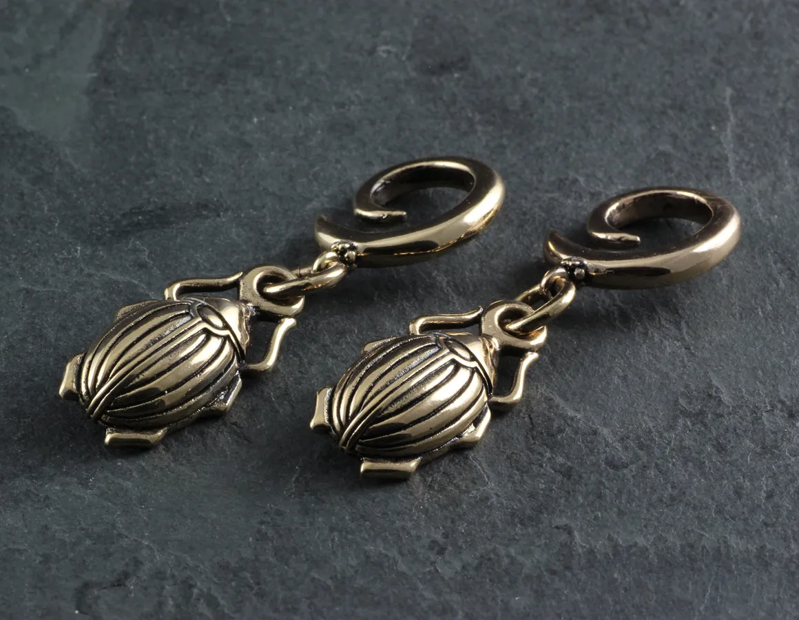 Scarab Beetle Gauged Spiral Earrings - Bronze