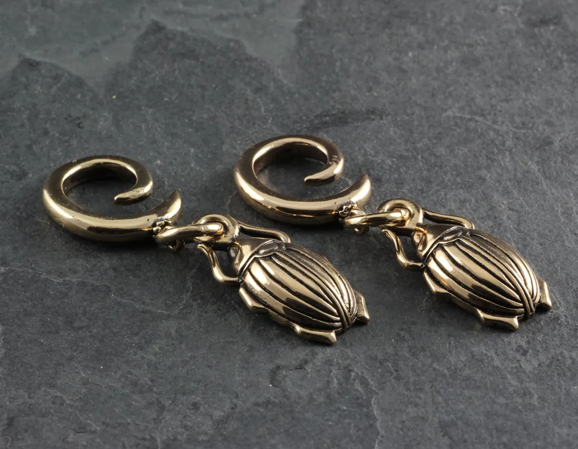 Scarab Beetle Gauged Spiral Earrings - Bronze