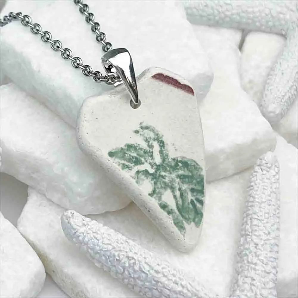 Sea Pottery Heart Pendant with Green Leaf and a Hint of Dark Rose Pink | #1974