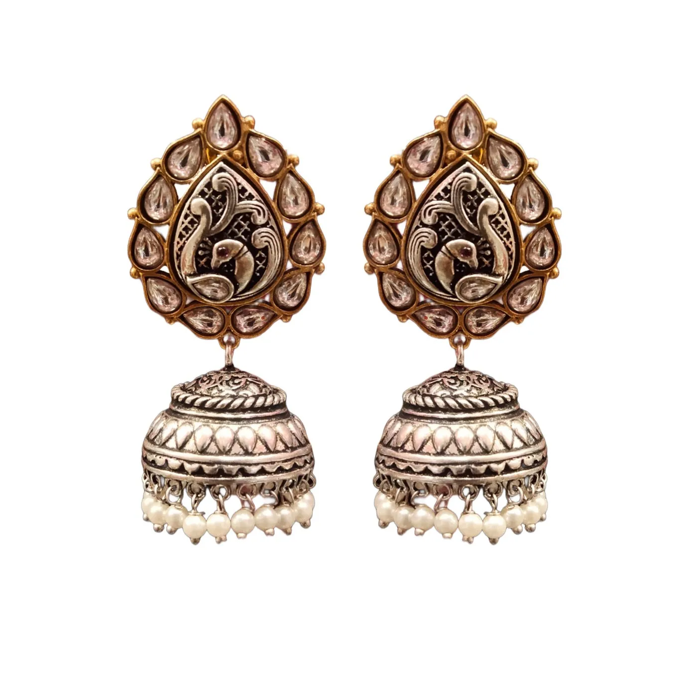 Showcase Your Unique Style with ASP Fashion Jewellery's Stunning Tribal Peacock Kundan Jhumka in Oxidized Silver