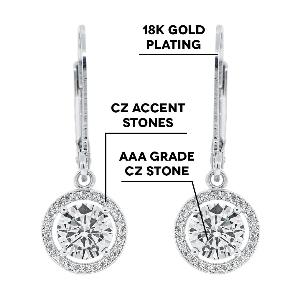 Sienna Soar 18k White Gold Plated Round Cut CZ Crystal Halo Drop Earrings