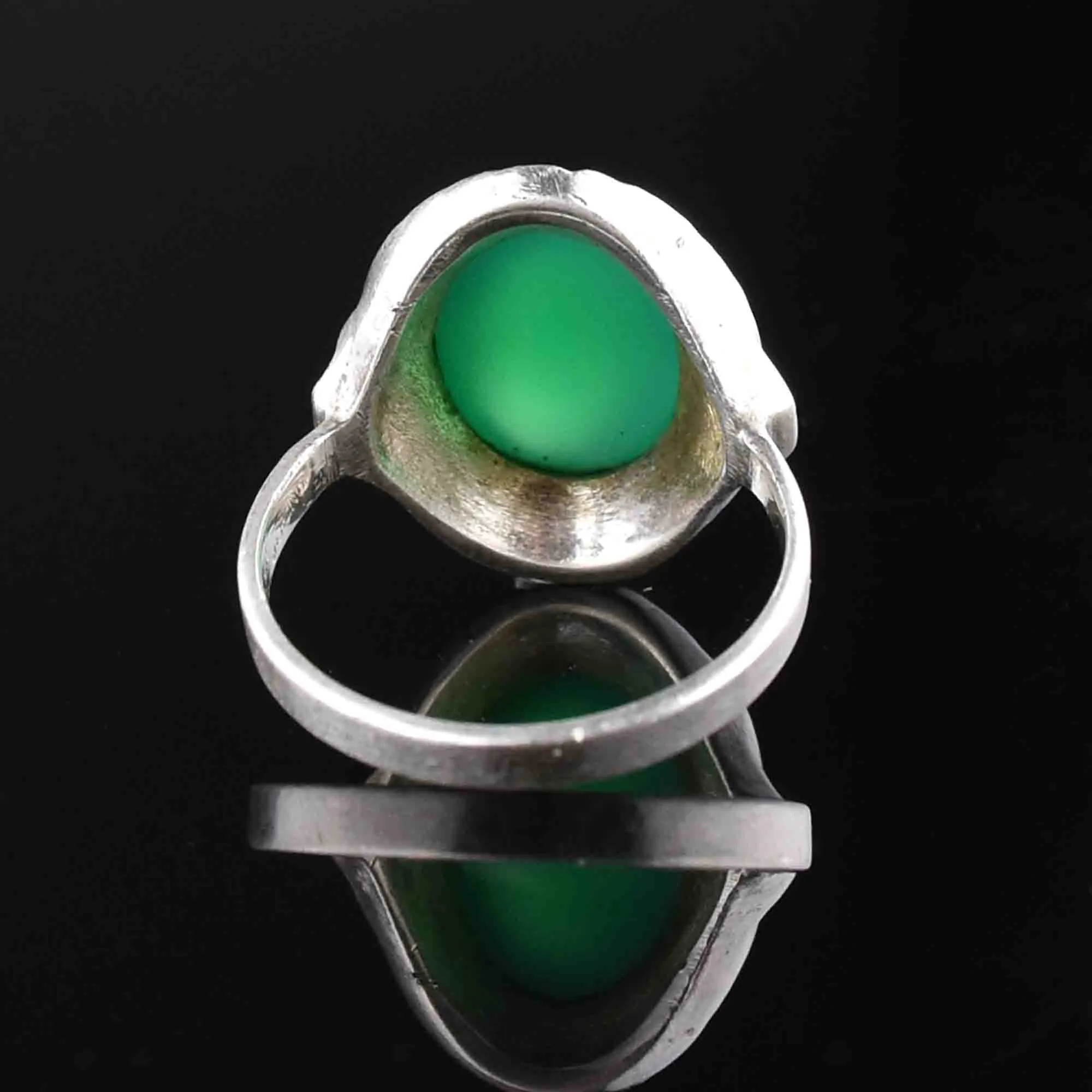 Silver Chrysoprase Marcasite Statement Ring, Sz 7.25