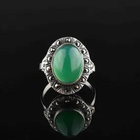 Silver Chrysoprase Marcasite Statement Ring, Sz 7.25