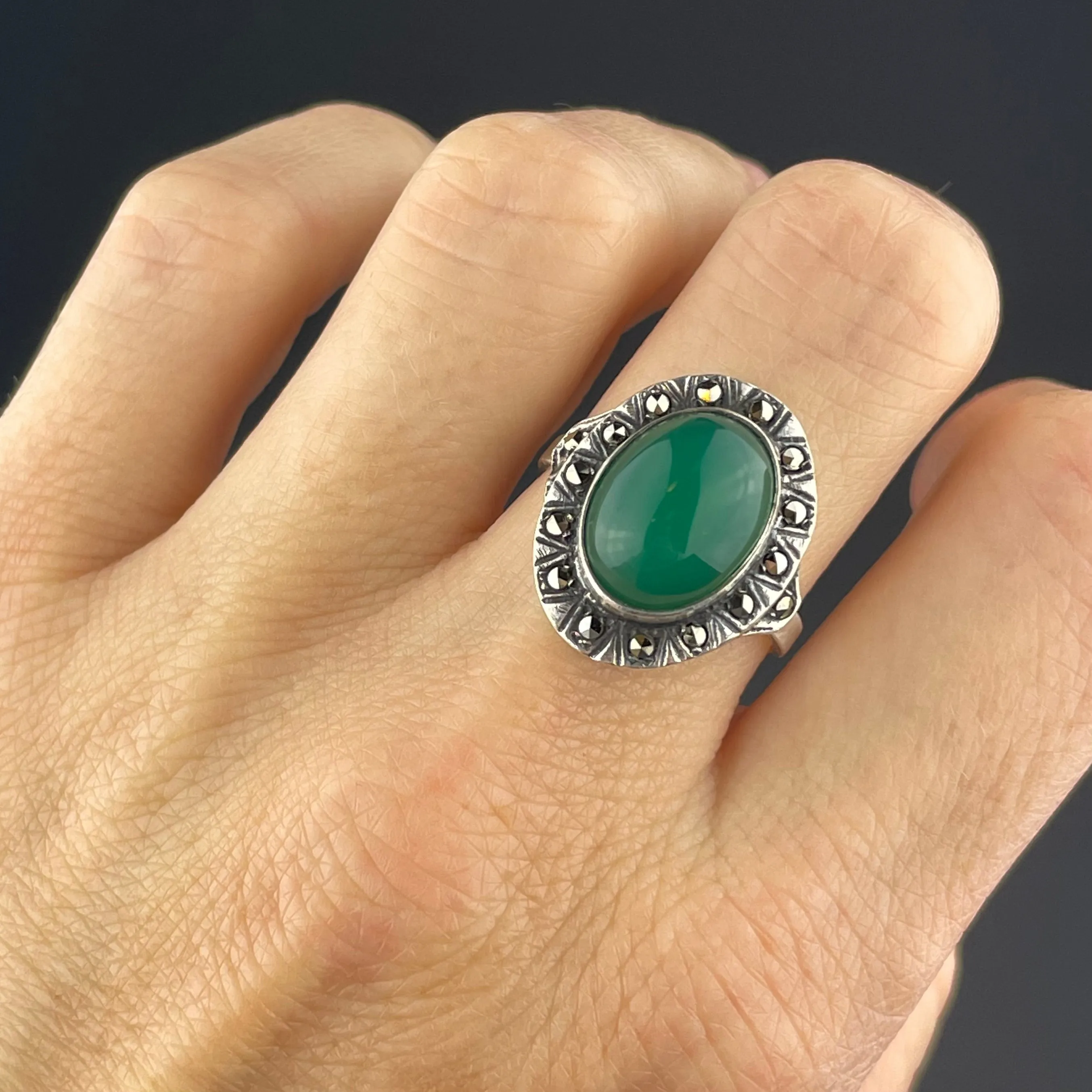 Silver Chrysoprase Marcasite Statement Ring, Sz 7.25