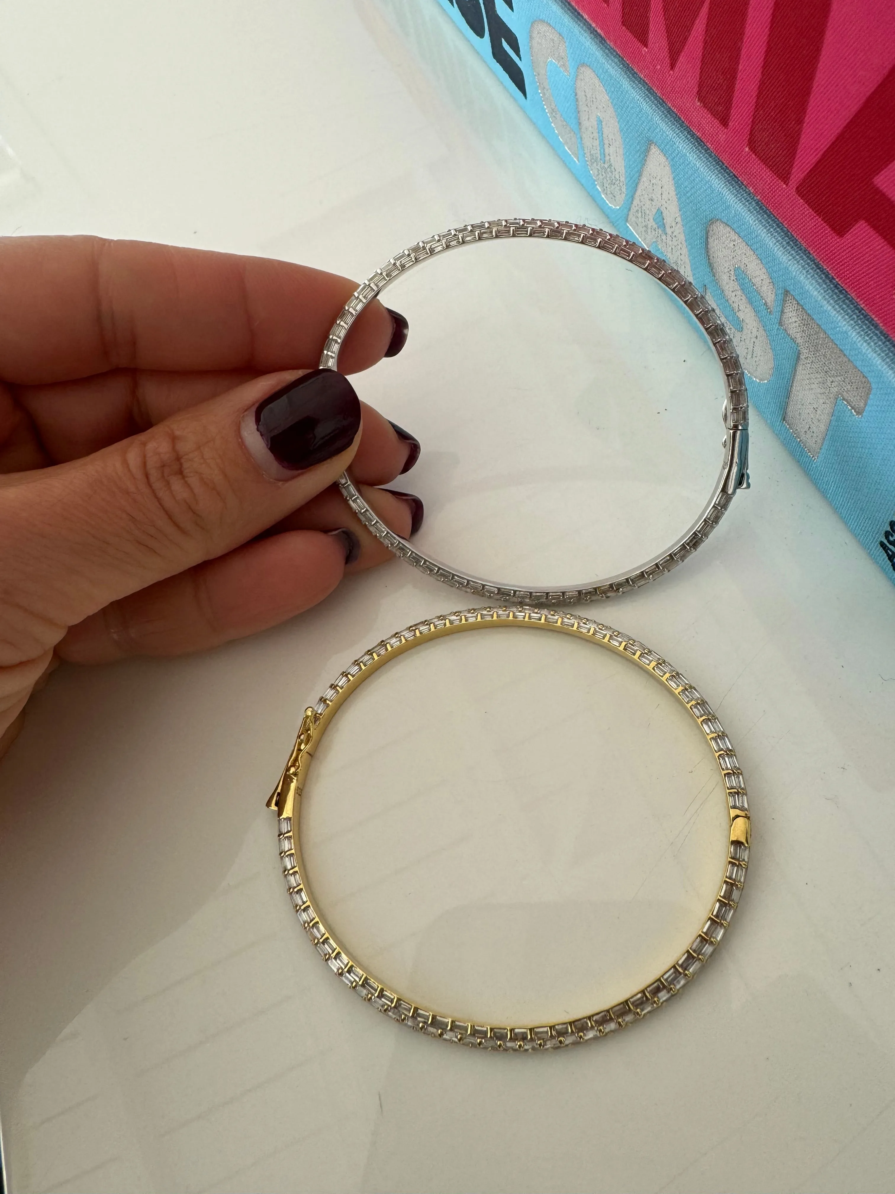 Silver gold plated baguette stone pave bangle