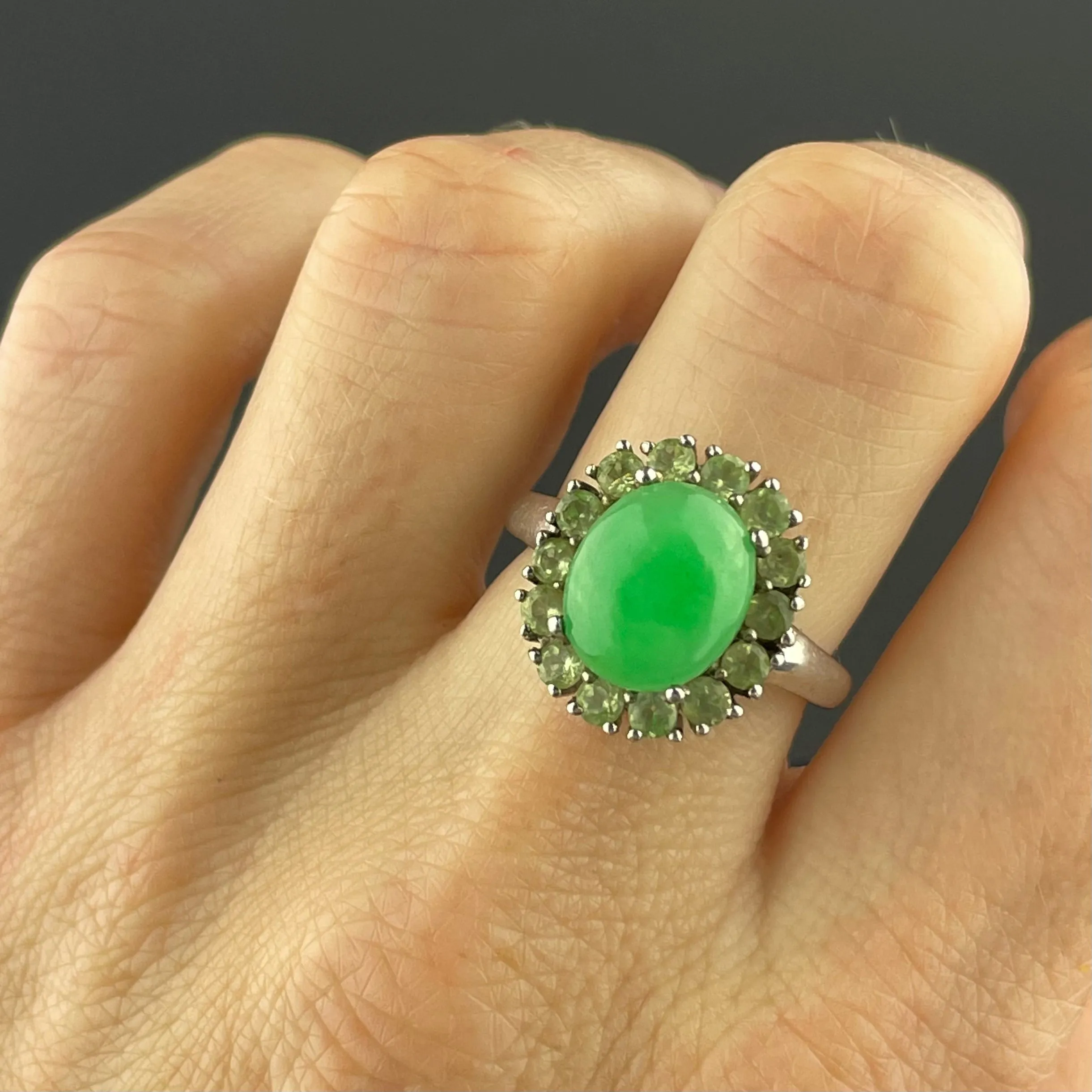 Silver Jade Cabochon Peridot Halo Ring, Sz 6.75