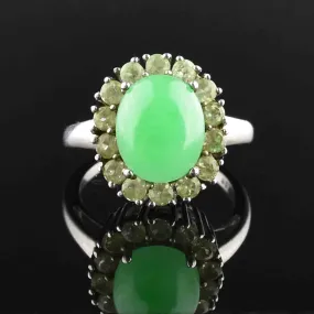 Silver Jade Cabochon Peridot Halo Ring, Sz 6.75