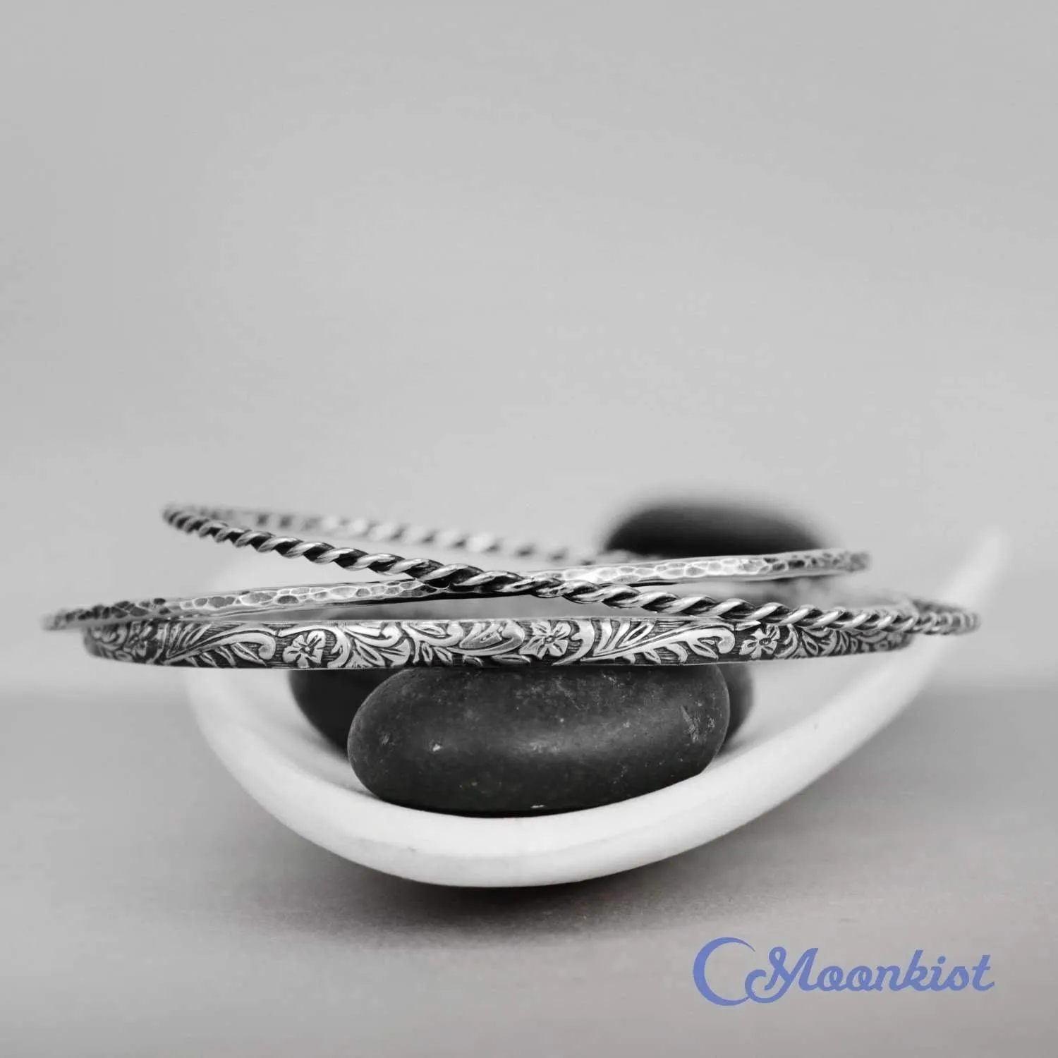 Silver Set of Three Floral Bangle Bracelets | Moonkist Designs