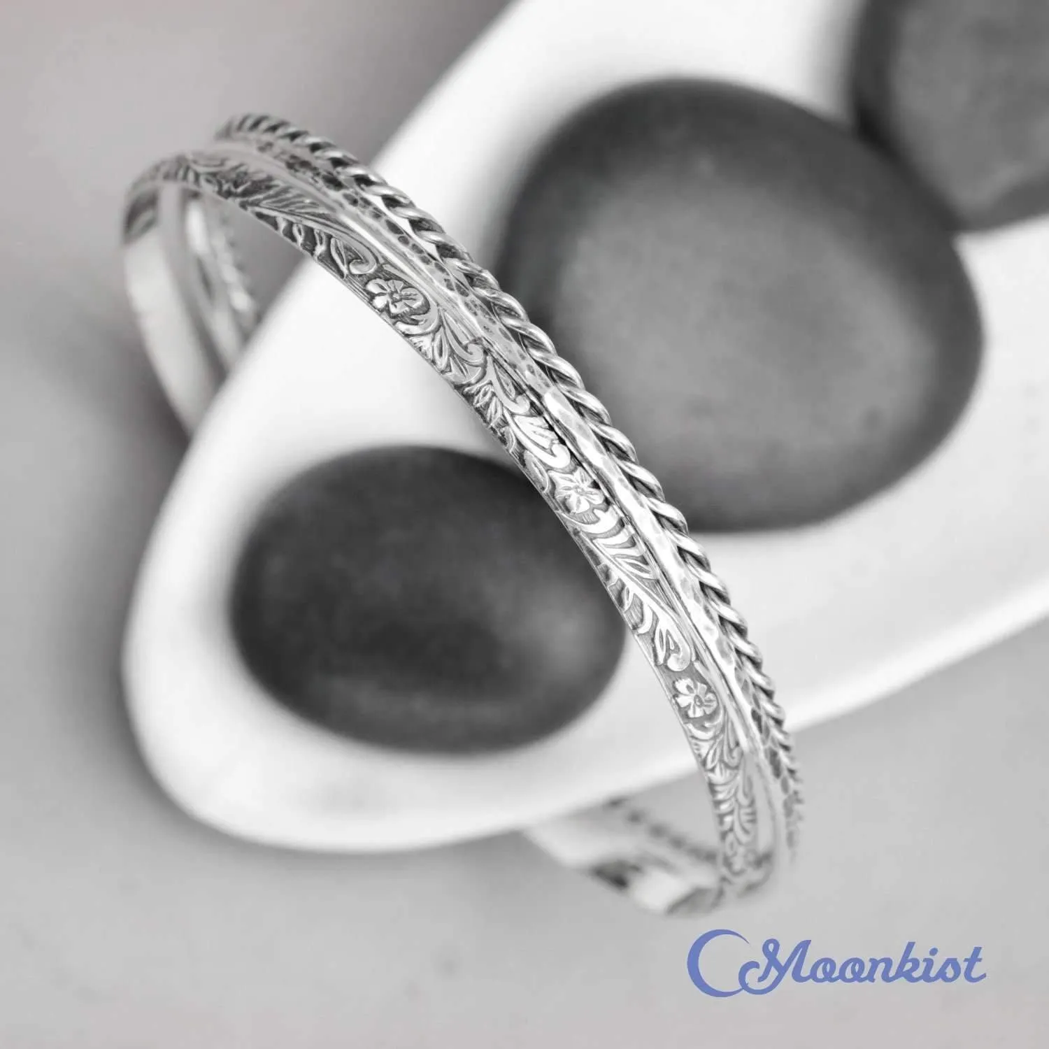 Silver Set of Three Floral Bangle Bracelets | Moonkist Designs