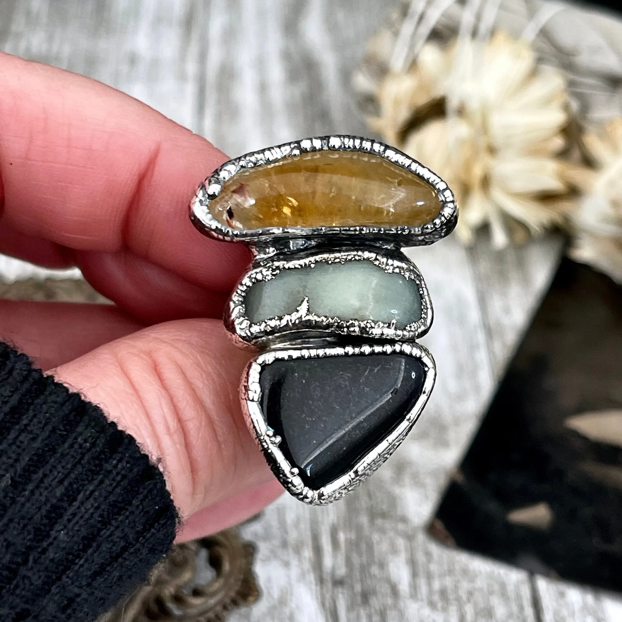 Size 6.5 Crystal Ring - Three Stone Black Onyx Aventurine Citrine Ring in Sliver / Foxlark Collection - One of a Kind