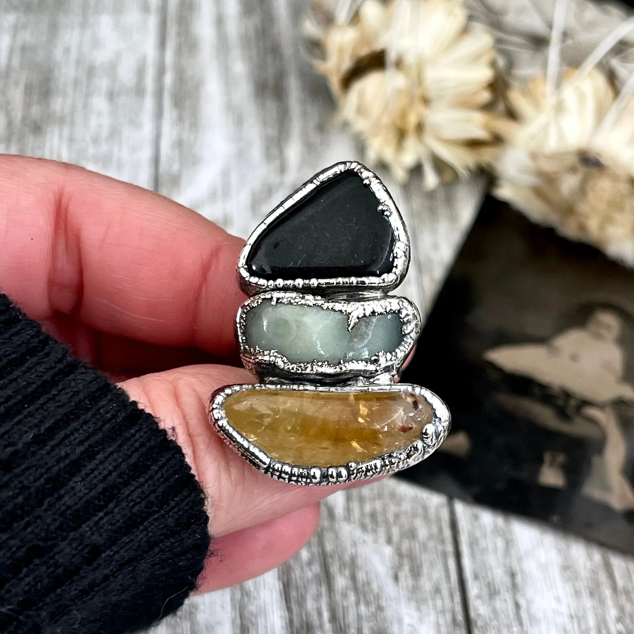 Size 6.5 Crystal Ring - Three Stone Black Onyx Aventurine Citrine Ring in Sliver / Foxlark Collection - One of a Kind