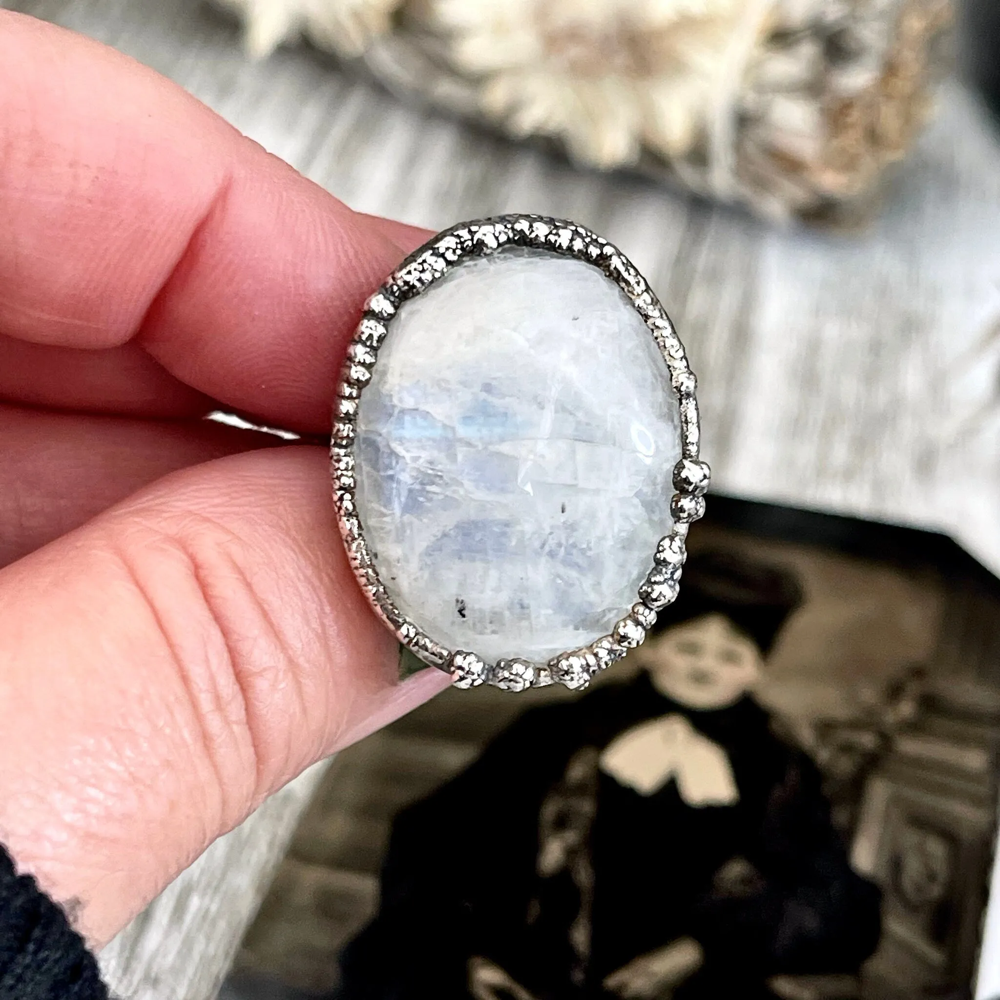 Size 8.5 Rainbow Moonstone Ring in Fine Silver / Foxlark Collection - One of a Kind /