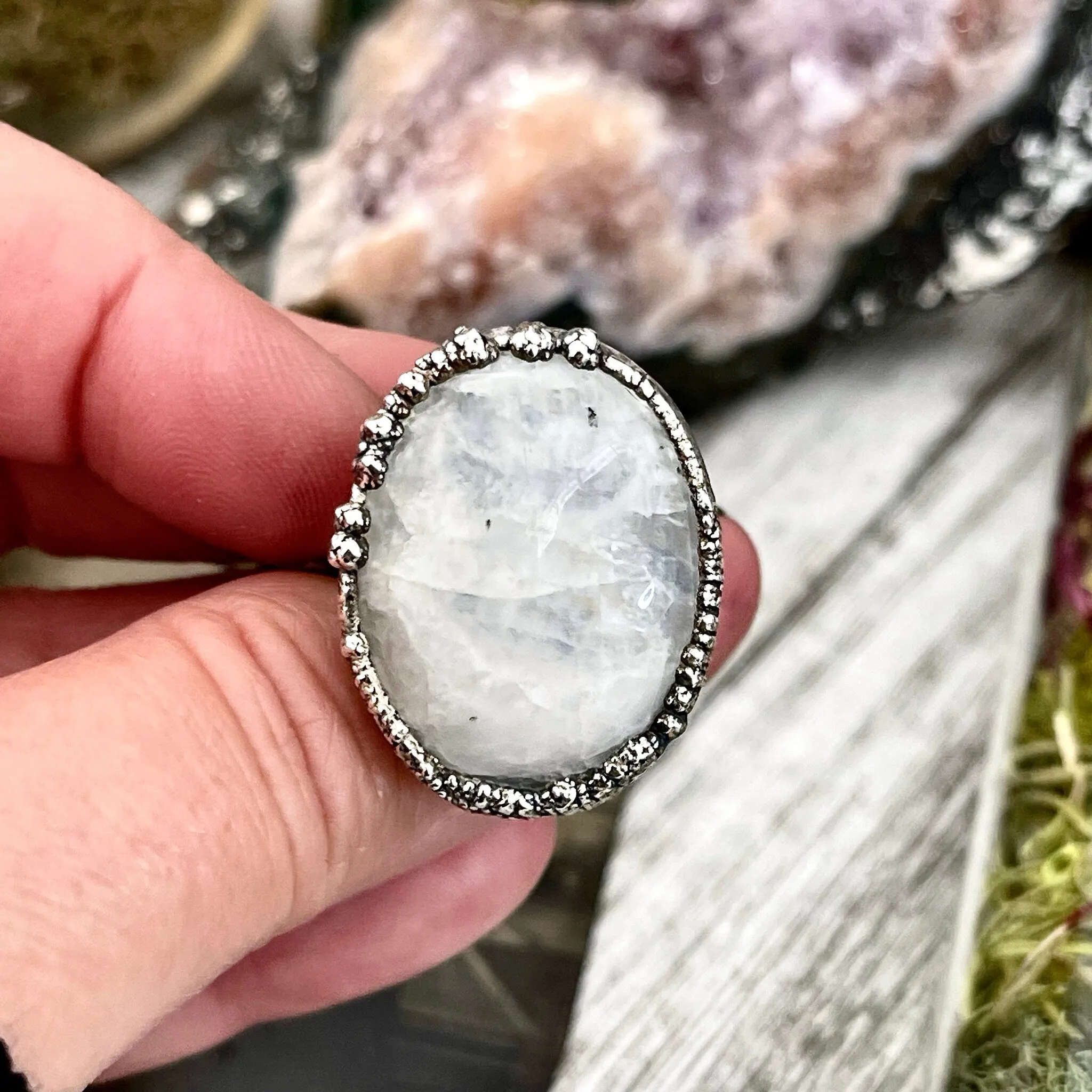 Size 8.5 Rainbow Moonstone Ring in Fine Silver / Foxlark Collection - One of a Kind /