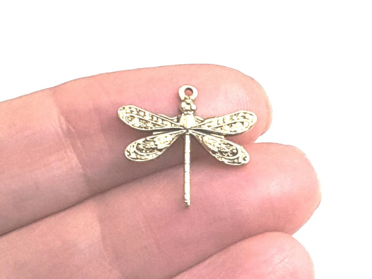 Small Gold Dragonfly Charm, 24 Kt Gold Plated Brass, 1 Loop, Lot Size 10, #01G