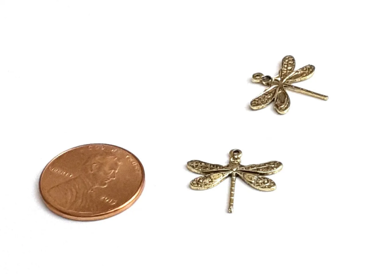 Small Gold Dragonfly Charm, 24 Kt Gold Plated Brass, 1 Loop, Lot Size 10, #01G