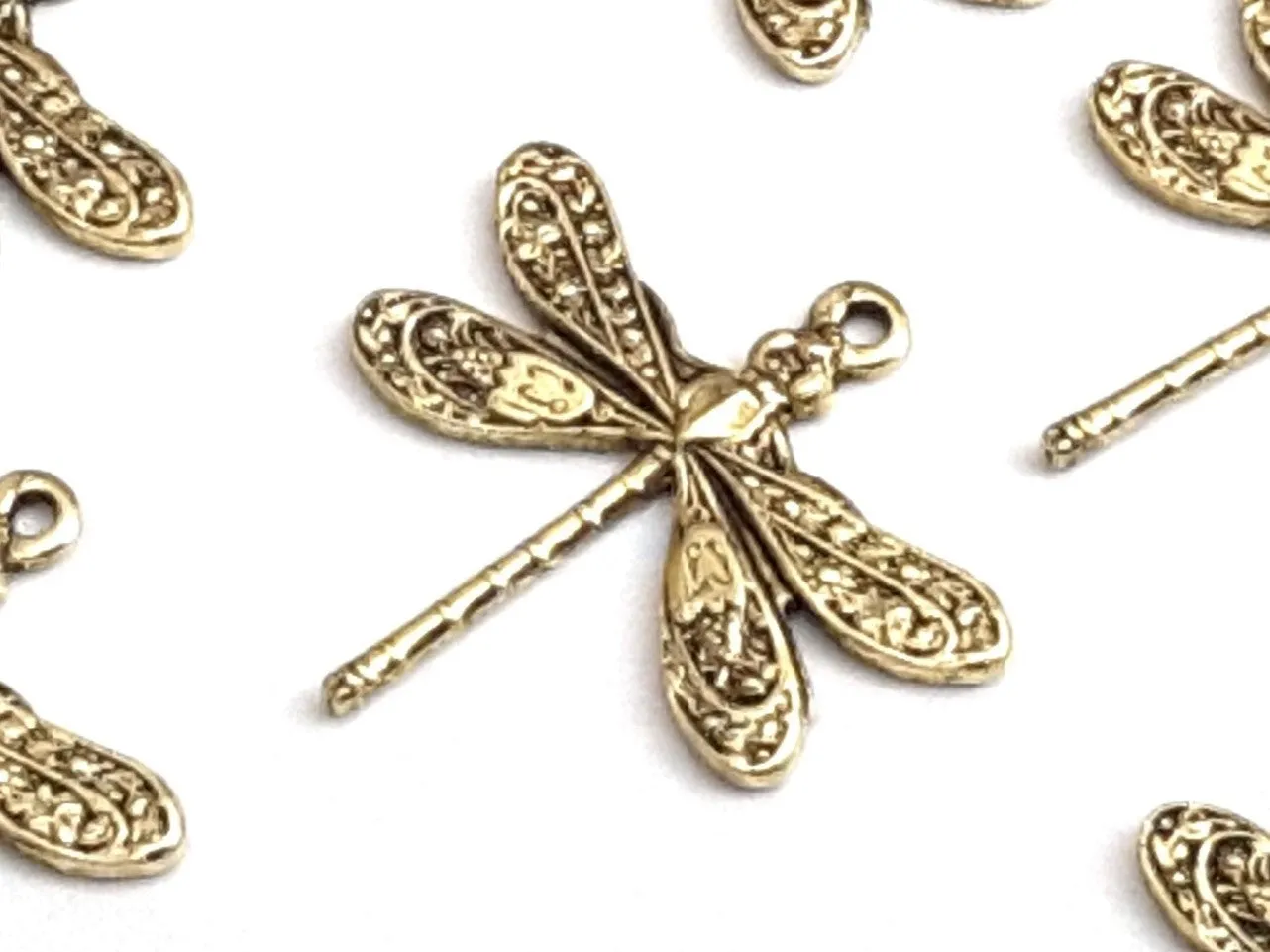 Small Gold Dragonfly Charm, 24 Kt Gold Plated Brass, 1 Loop, Lot Size 10, #01G