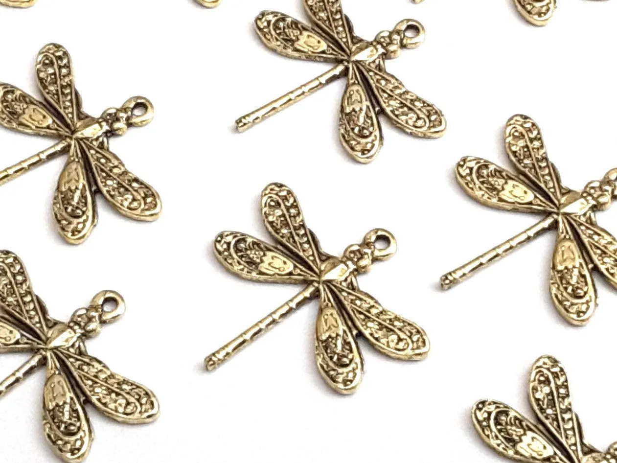 Small Gold Dragonfly Charm, 24 Kt Gold Plated Brass, 1 Loop, Lot Size 10, #01G