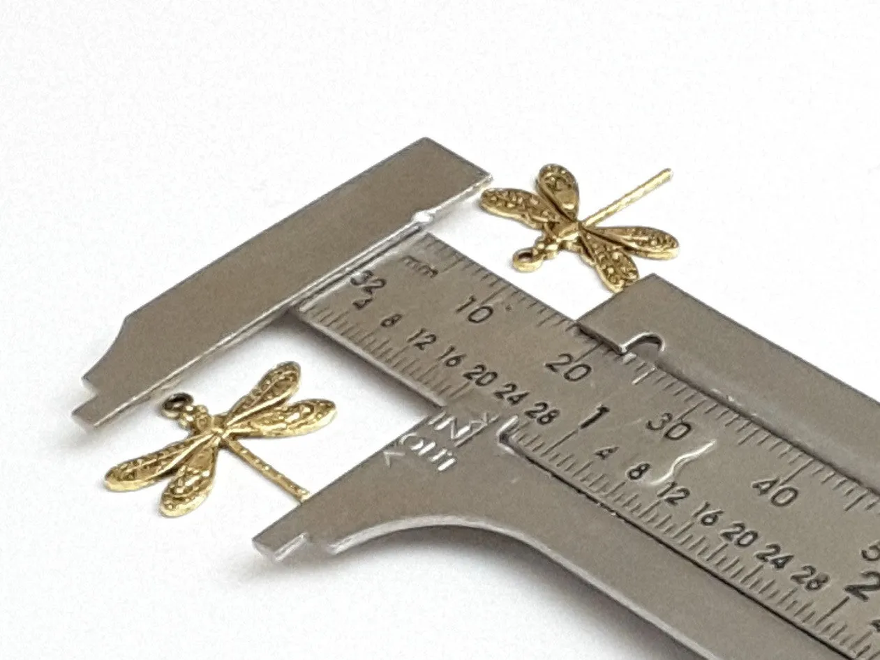 Small Gold Dragonfly Charm, 24 Kt Gold Plated Brass, 1 Loop, Lot Size 10, #01G