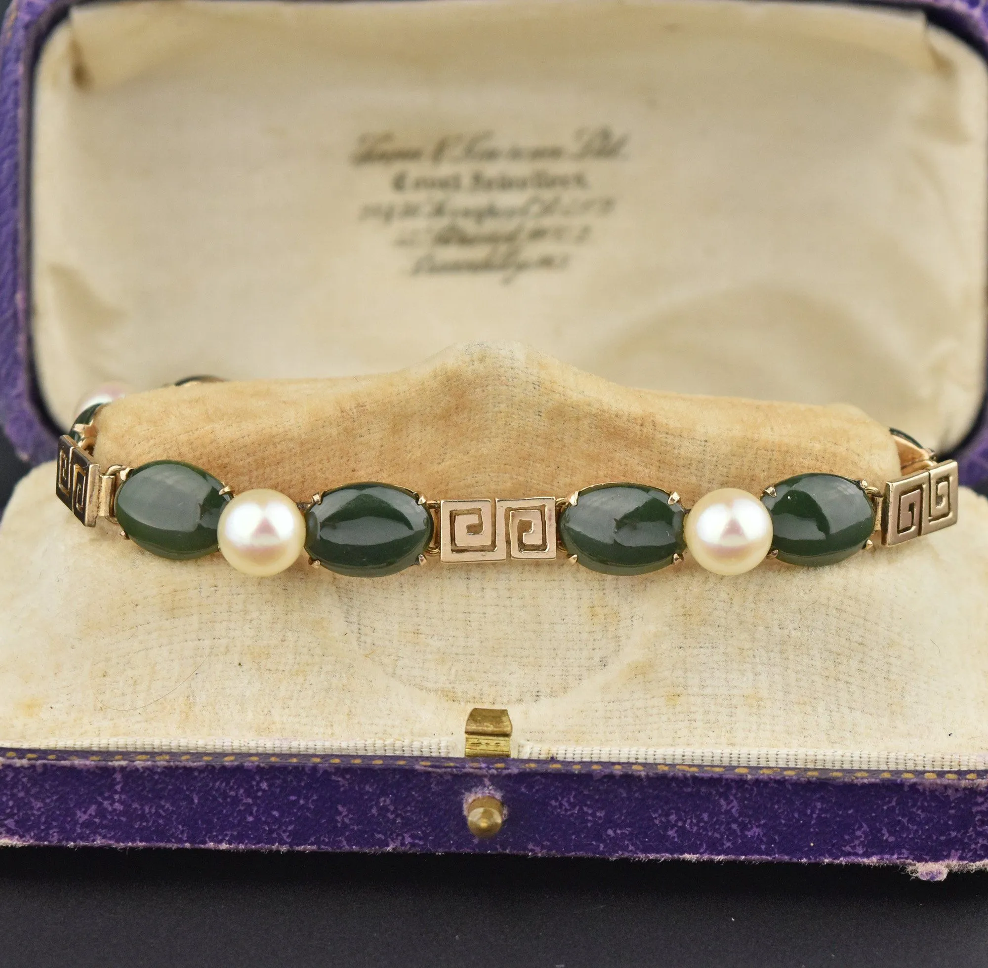 Solid 14K Gold Jade Pearl Butterfly Bracelet, Greek Key