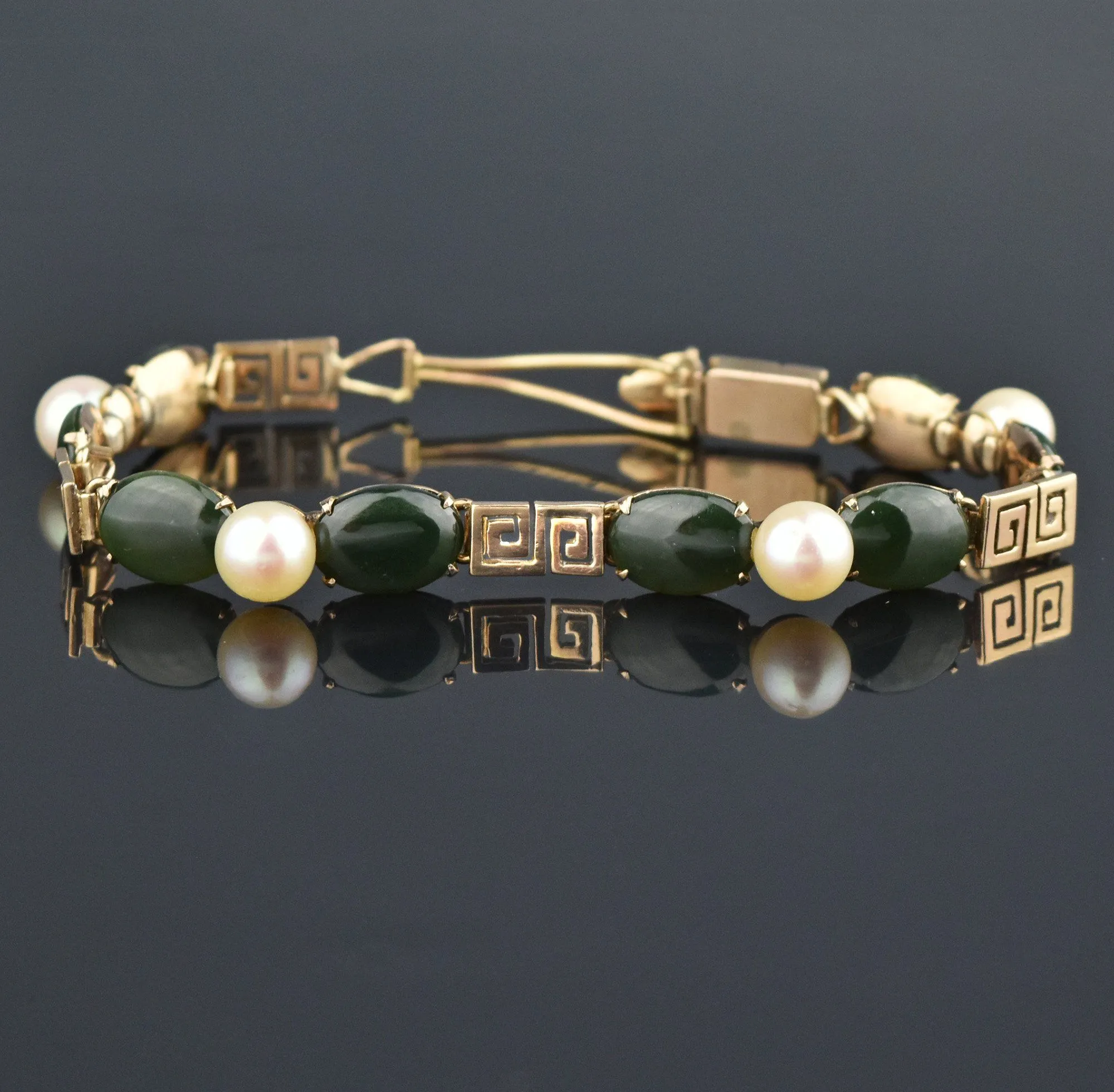 Solid 14K Gold Jade Pearl Butterfly Bracelet, Greek Key