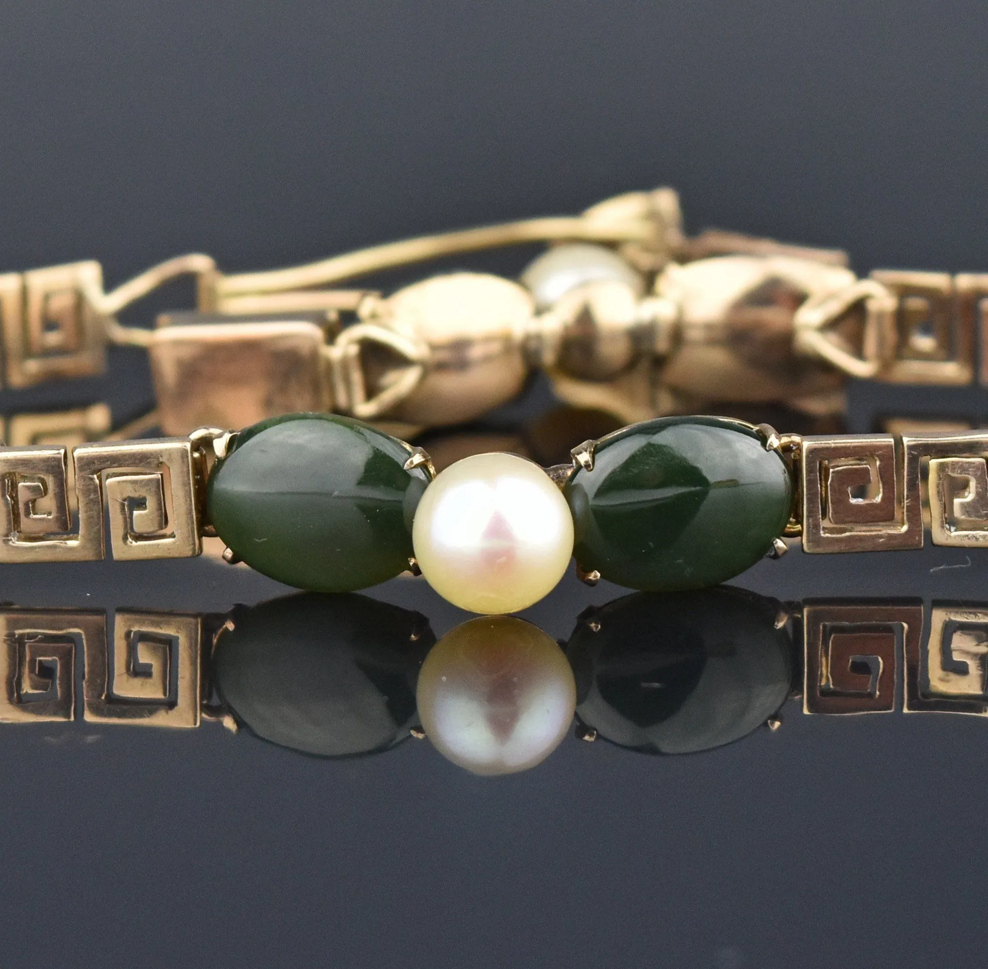 Solid 14K Gold Jade Pearl Butterfly Bracelet, Greek Key